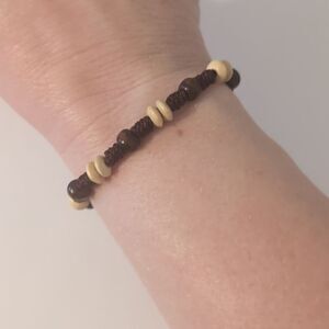 754 Brown Wood Beaded‎ Religious Cross Charm Adjustable Bracelet